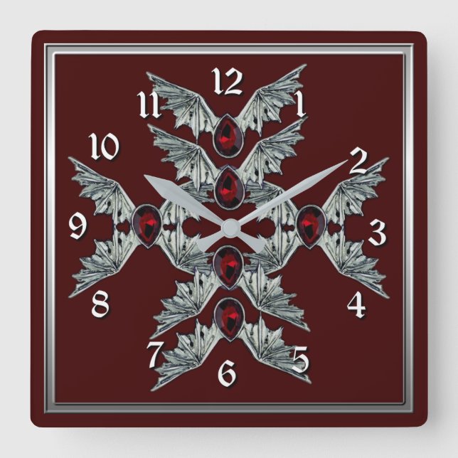 Gothic Blood Stone Bat Wings Square Clock 2 (Front)