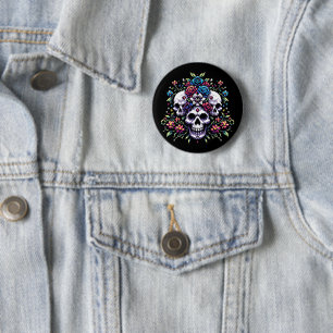 Gothic Bloom - Mystical Floral Skull Pixel Art 6 Cm Round Badge