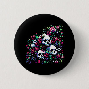 Gothic Bloom - Mystical Floral Skull Pixel Art 6 Cm Round Badge