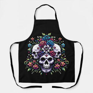 Gothic Bloom - Mystical Floral Skull Pixel Art Apron