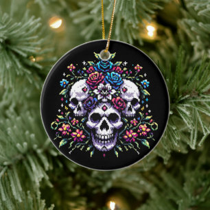 Gothic Bloom - Mystical Floral Skull Pixel Art Ceramic Ornament