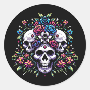 Gothic Bloom - Mystical Floral Skull Pixel Art Classic Round Sticker