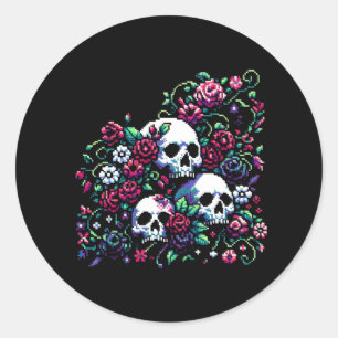 Gothic Bloom - Mystical Floral Skull Pixel Art Classic Round Sticker