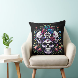 Gothic Bloom - Mystical Floral Skull Pixel Art Cushion