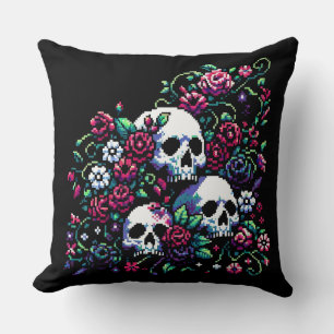 Gothic Bloom - Mystical Floral Skull Pixel Art Cushion