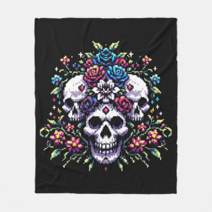 Gothic Bloom - Mystical Floral Skull Pixel Art Fleece Blanket