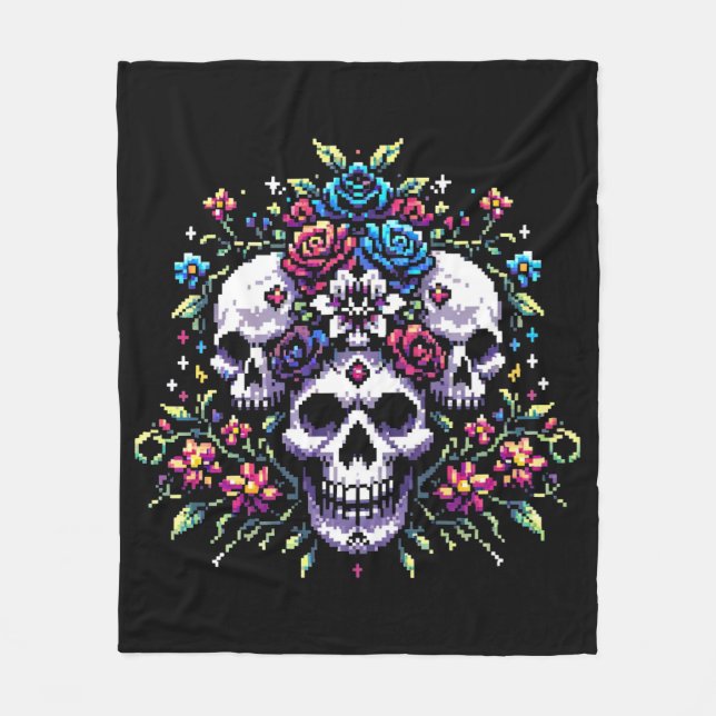 Gothic Bloom - Mystical Floral Skull Pixel Art Fleece Blanket (Front)