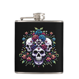 Gothic Bloom - Mystical Floral Skull Pixel Art Hip Flask