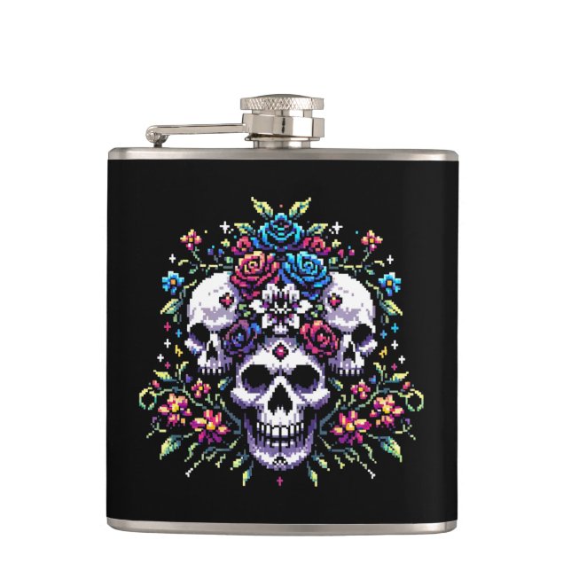 Gothic Bloom - Mystical Floral Skull Pixel Art Hip Flask (Front)