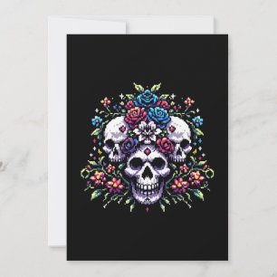 Gothic Bloom - Mystical Floral Skull Pixel Art Holiday Card