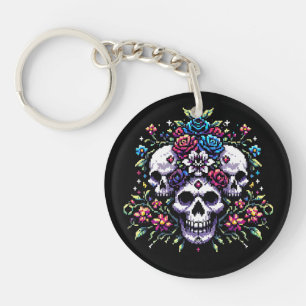 Gothic Bloom - Mystical Floral Skull Pixel Art Key Ring