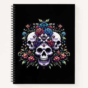 Gothic Bloom - Mystical Floral Skull Pixel Art Notebook
