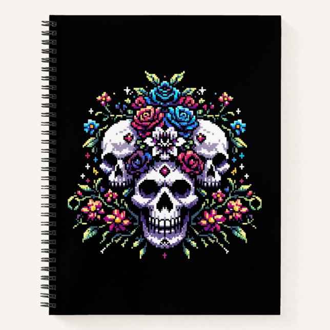 Gothic Bloom - Mystical Floral Skull Pixel Art Notebook (Front)