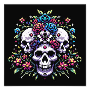 Gothic Bloom - Mystical Floral Skull Pixel Art Photo Print