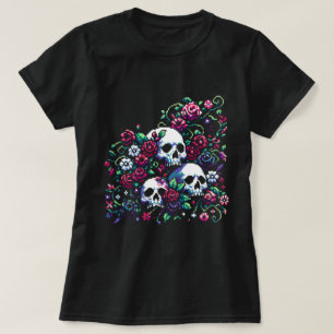 Gothic Bloom - Mystical Floral Skull Pixel Art T-Shirt
