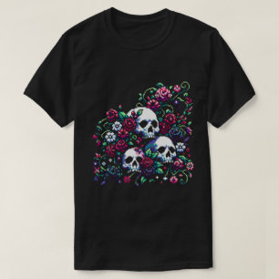 Gothic Bloom - Mystical Floral Skull Pixel Art T-Shirt