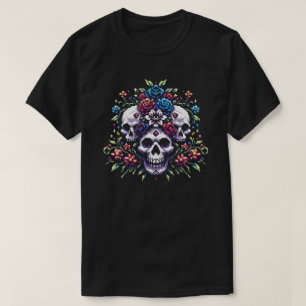 Gothic Bloom - Mystical Floral Skull Pixel Art T-Shirt