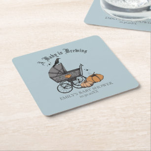 Gothic Blue A Baby is Brewing Fall Baby Shower Square Paper Coaster