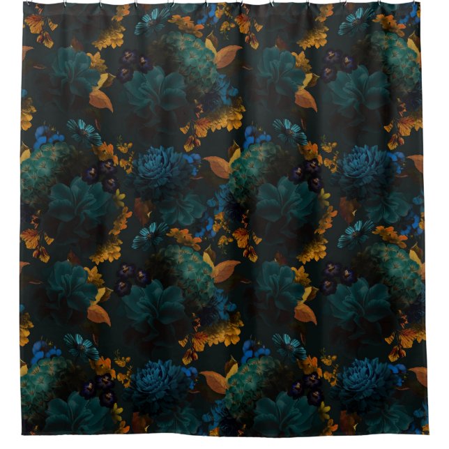 Gothic Blue And Yellow Bold Moody Florals Shower Curtain (Front)