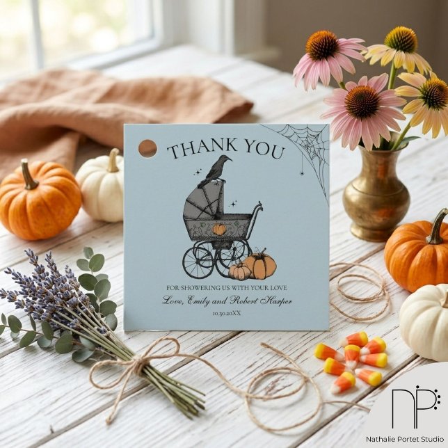 Gothic Blue Baby Shower Favour Tags (Hand drawn gothic baby carriage thank you favor tags with a chic halloween blue aesthetic)