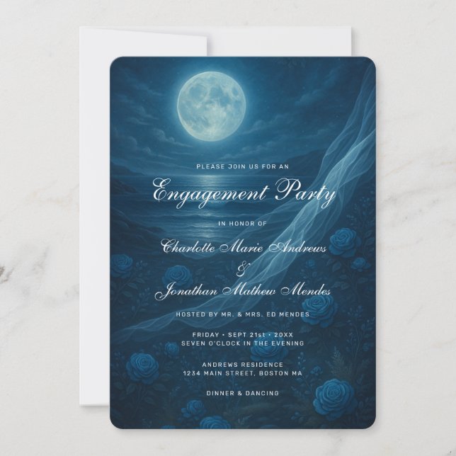 Gothic Blue Beach Moon Skeleton Engagement Party Invitation (Front)