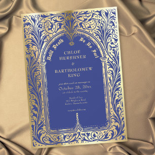 Gothic Blue Gold Mediaeval Until Death Wedding Invitation