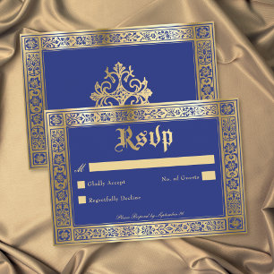 Gothic Blue Gold Mediaeval Until Death Wedding RSVP Card