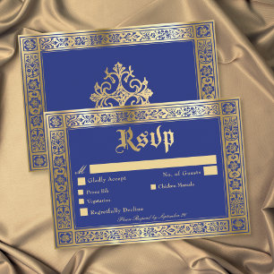 Gothic Blue Gold Mediaeval Until Death Wedding RSVP Card