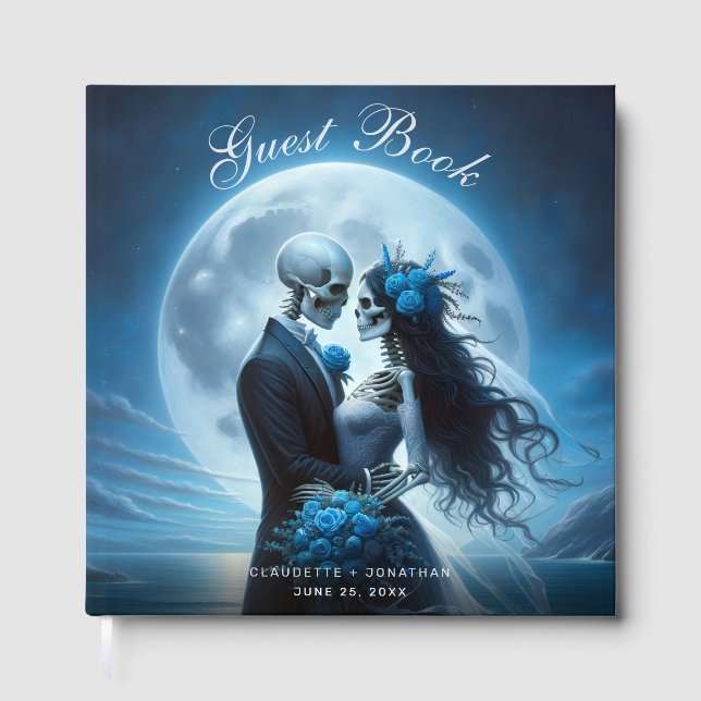Gothic Blue Moonlit Beach Skeleton Couple Wedding Guest Book (Front)