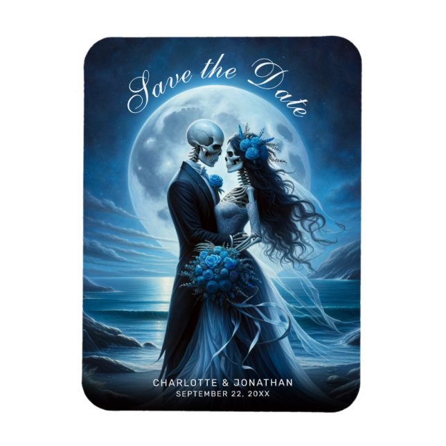 Gothic Blue Skeleton Couple Wedding Save the Date Magnet (Vertical)