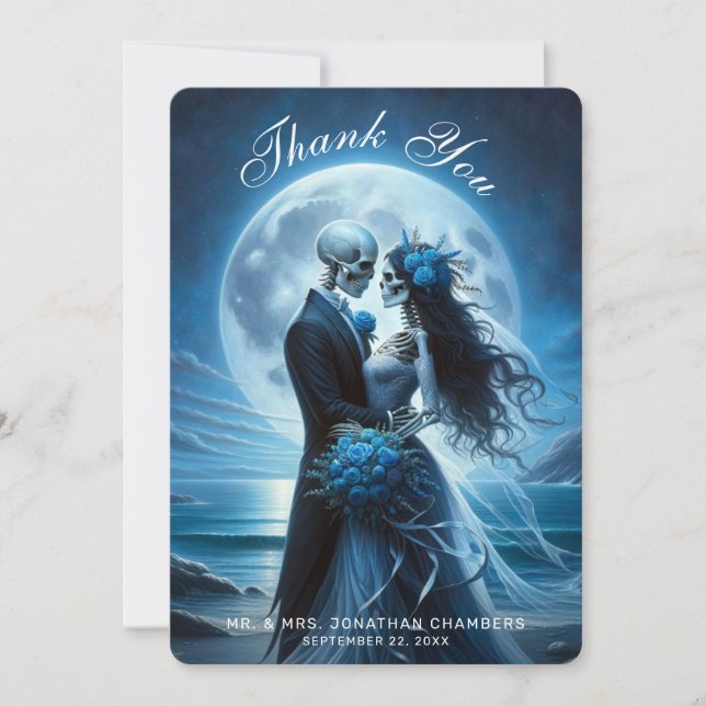 Gothic Blue Skeleton Couple Wedding Thank You Card (Front)