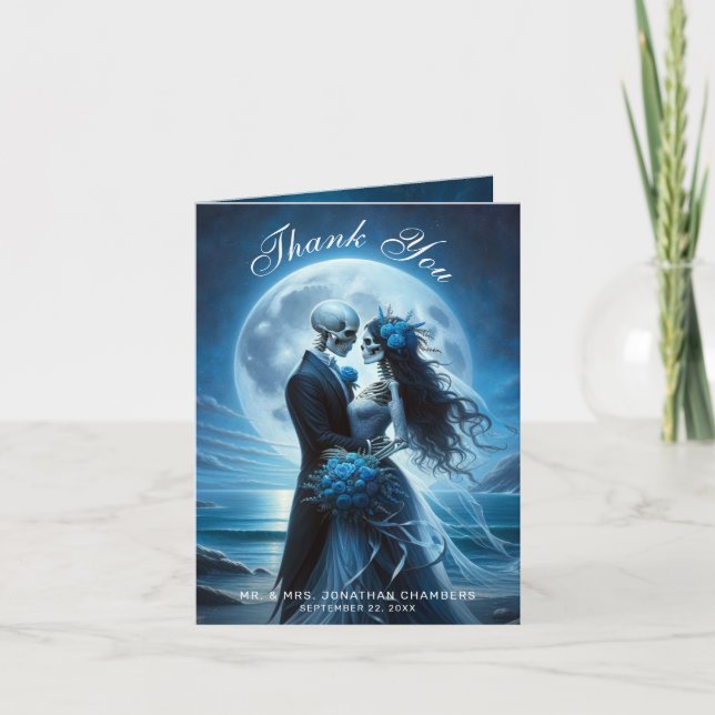 Gothic Blue Skeleton Couple  Wedding Thank You Card (Front)