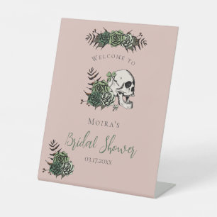 Gothic Blush Pink Floral Skull Bridal Shower Pedestal Sign