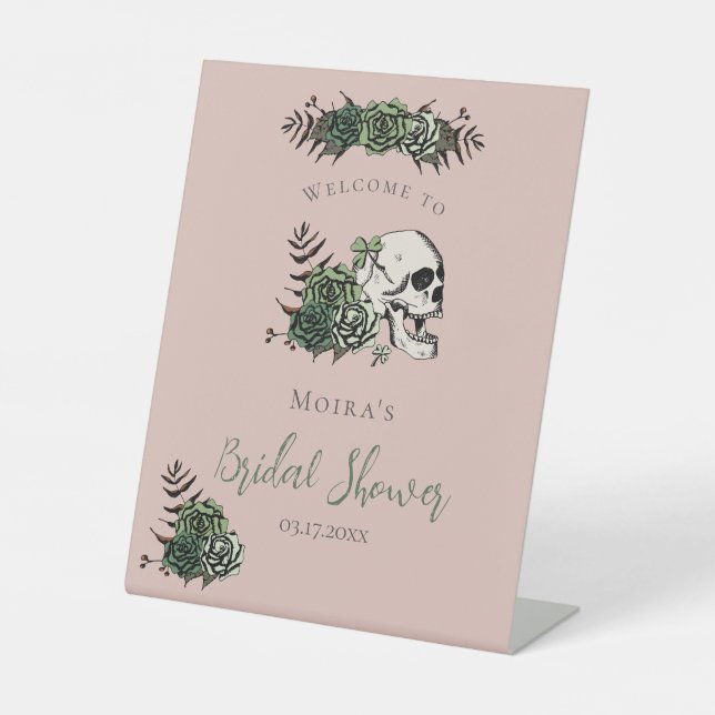 Gothic Blush Pink Floral Skull Bridal Shower Pedestal Sign (Front)