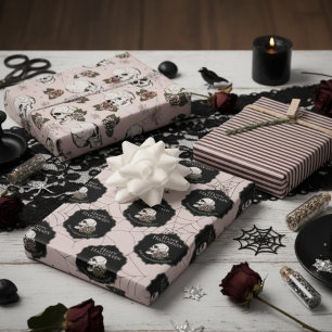 Gothic Blush Pink Skulls and Stripes Halloween  Wrapping Paper Sheet