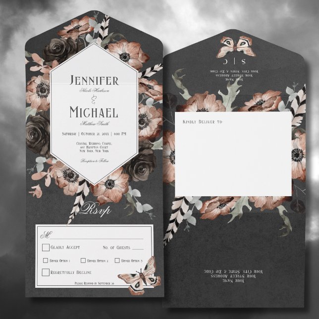 Gothic Boho Moth Black & Brown Floral Dinner All In One Invitation (Gothic Boho Moth Black & Brown Floral All In One Wedding Invitation with Dinner Options)