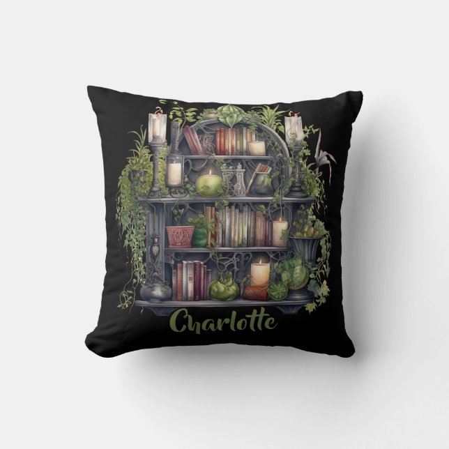 Gothic Book Lover. Witchy overflowing bookcase Cushion (Front)