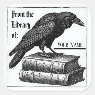 Gothic Bookplate with Raven Square Sticker