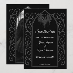 Gothic border black and white wedding save the dat announcement