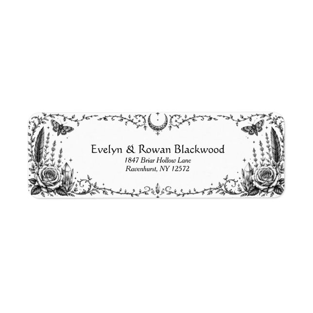 Gothic Botanical Black and White Wedding Return Address Label (Front)