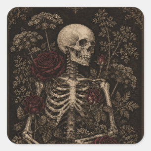 Gothic Botanical Skeleton Victorian Etching Burgun Square Sticker