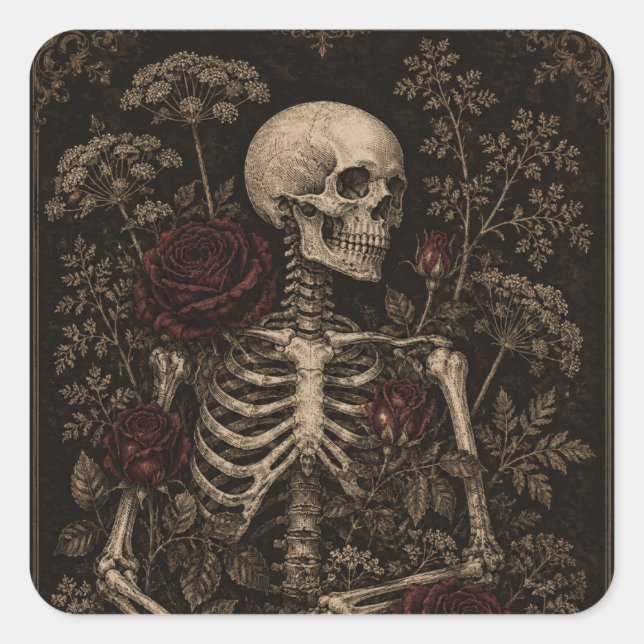 Gothic Botanical Skeleton Victorian Etching Burgun Square Sticker (Front)