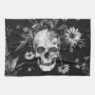 Gothic Botanical Skull & Wildflowers Tea Towel