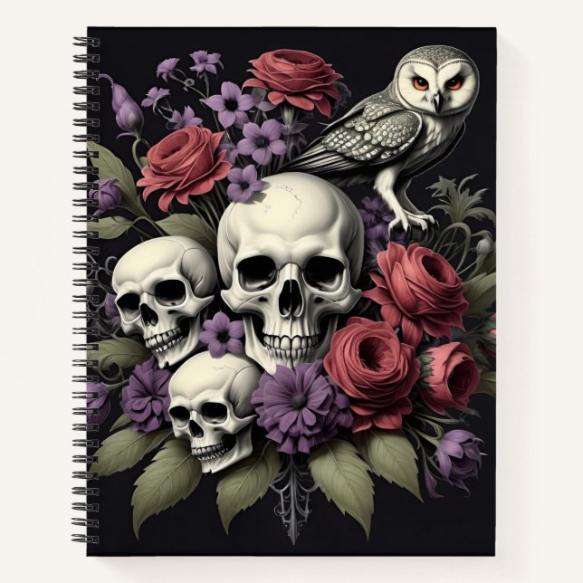 Gothic Bouquet with 3 Skulls and an Owl Notebook (Front)
