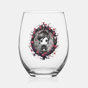 Gothic Boy with Flower Wreath Stemless Wine Glass