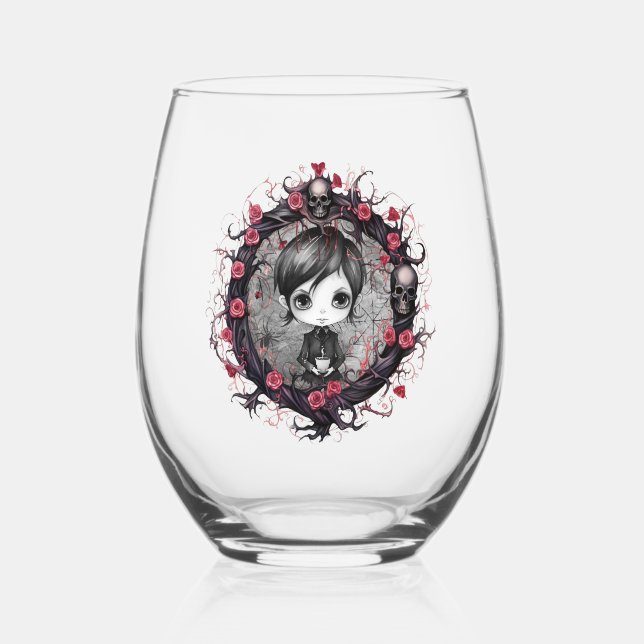 Gothic Boy with Flower Wreath Stemless Wine Glass (Front)