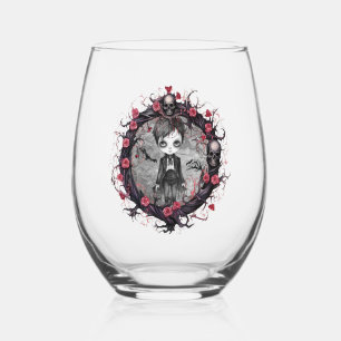 Gothic Boy with Flower Wreath Stemless Wine Glass