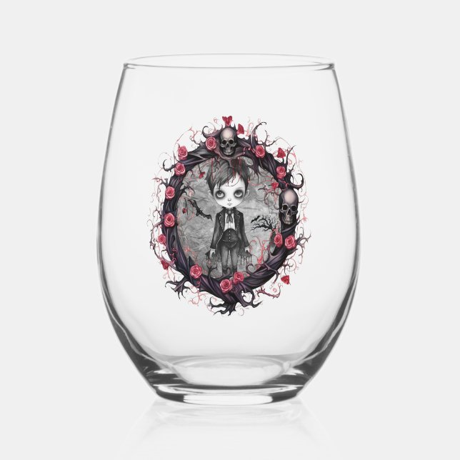 Gothic Boy with Flower Wreath Stemless Wine Glass (Front)
