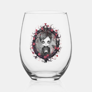 Gothic Boy with Flower Wreath Stemless Wine Glass