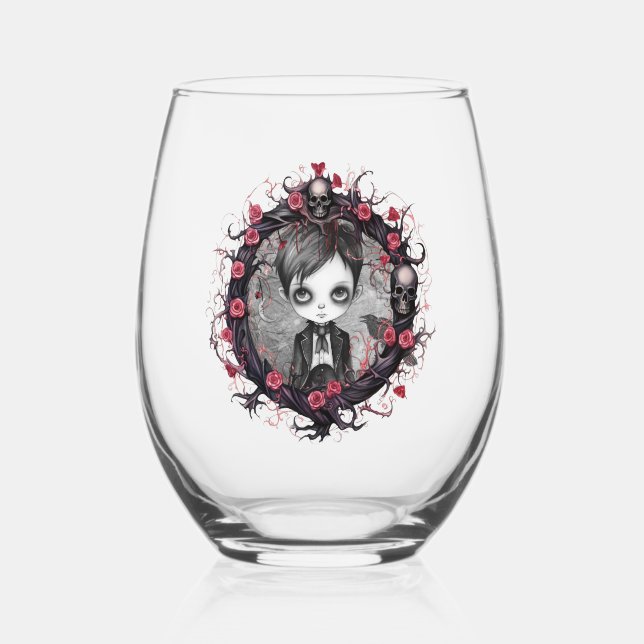 Gothic Boy with Flower Wreath Stemless Wine Glass (Front)